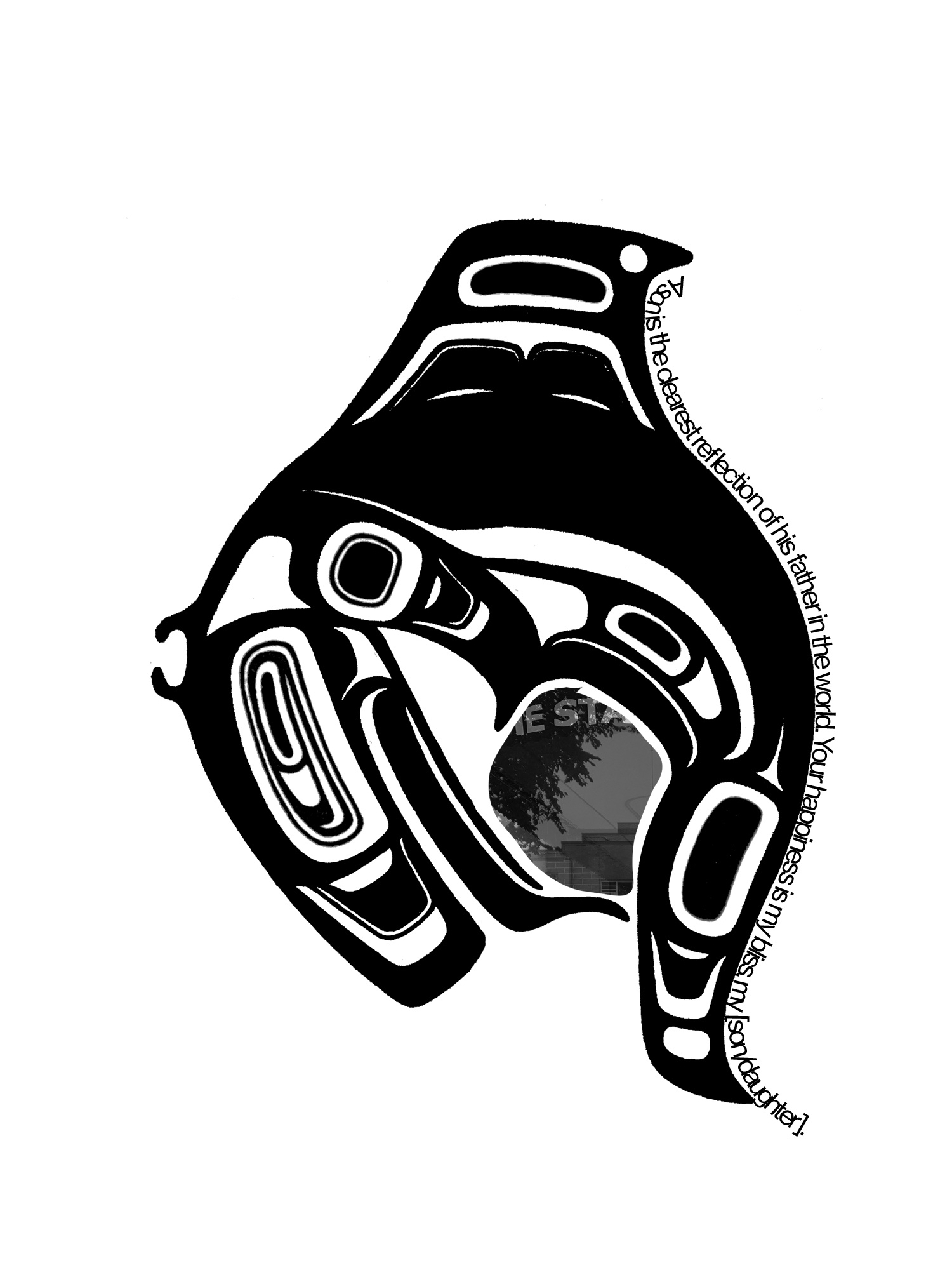 A black-and-white two-dimensional image that is partly abstract, but suggests a bird. In one section of the image, we see a fragment of a black-and-white photograph, with trees in front of a building. Text along its periphery reads "A son is the clearest reflection of his father in the world. Your happiness is my bliss, my [son/daughter]."