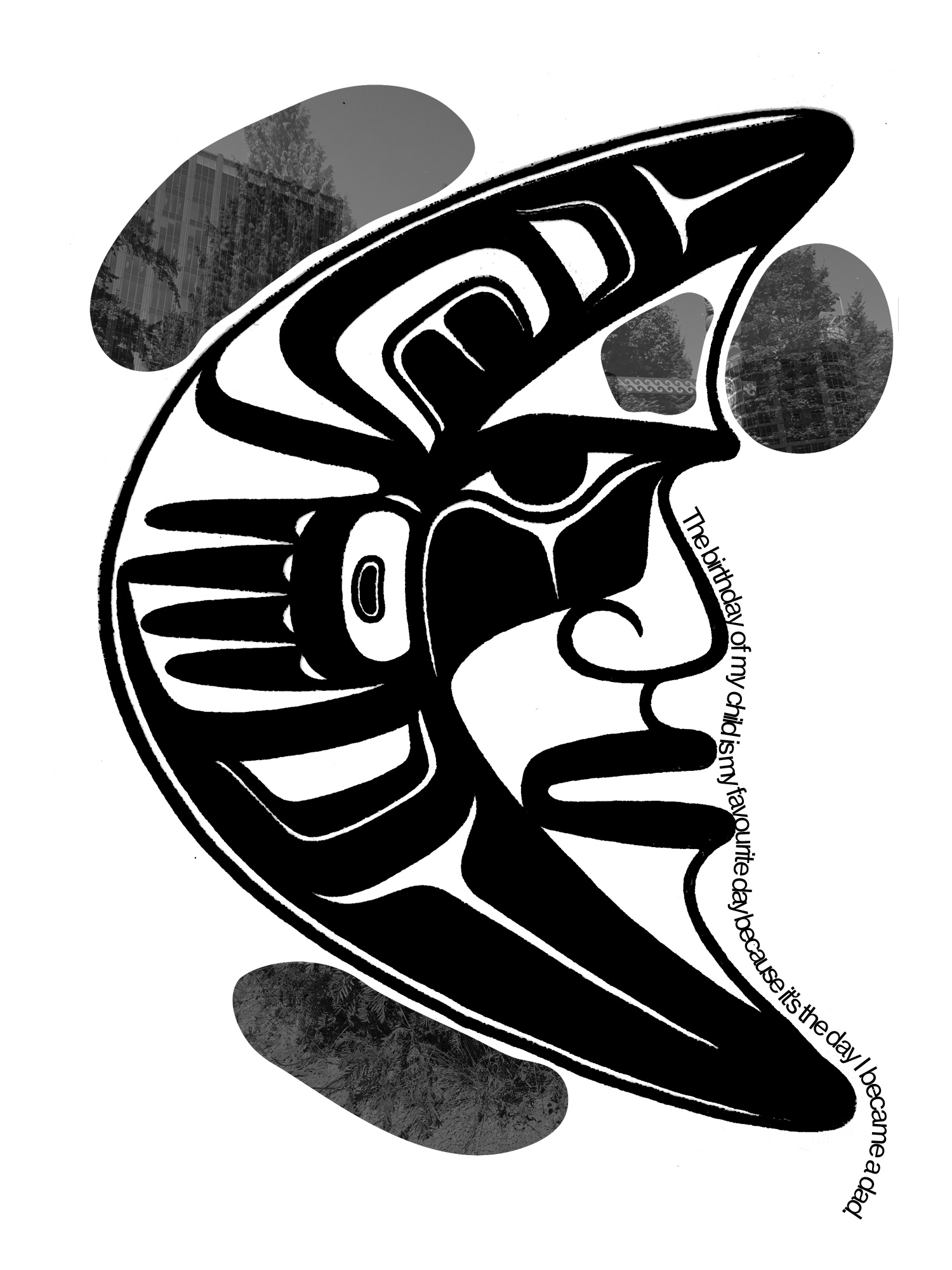 A black-and-white two-dimensional image in the shape of a half moon, with a face in profile. Four sections of the image include fragments of black-and-white photographs, some featuring buildings with trees superimposed. Text along its periphery reads "The birthday of my child is my favourite day because it's the day I became a dad."
