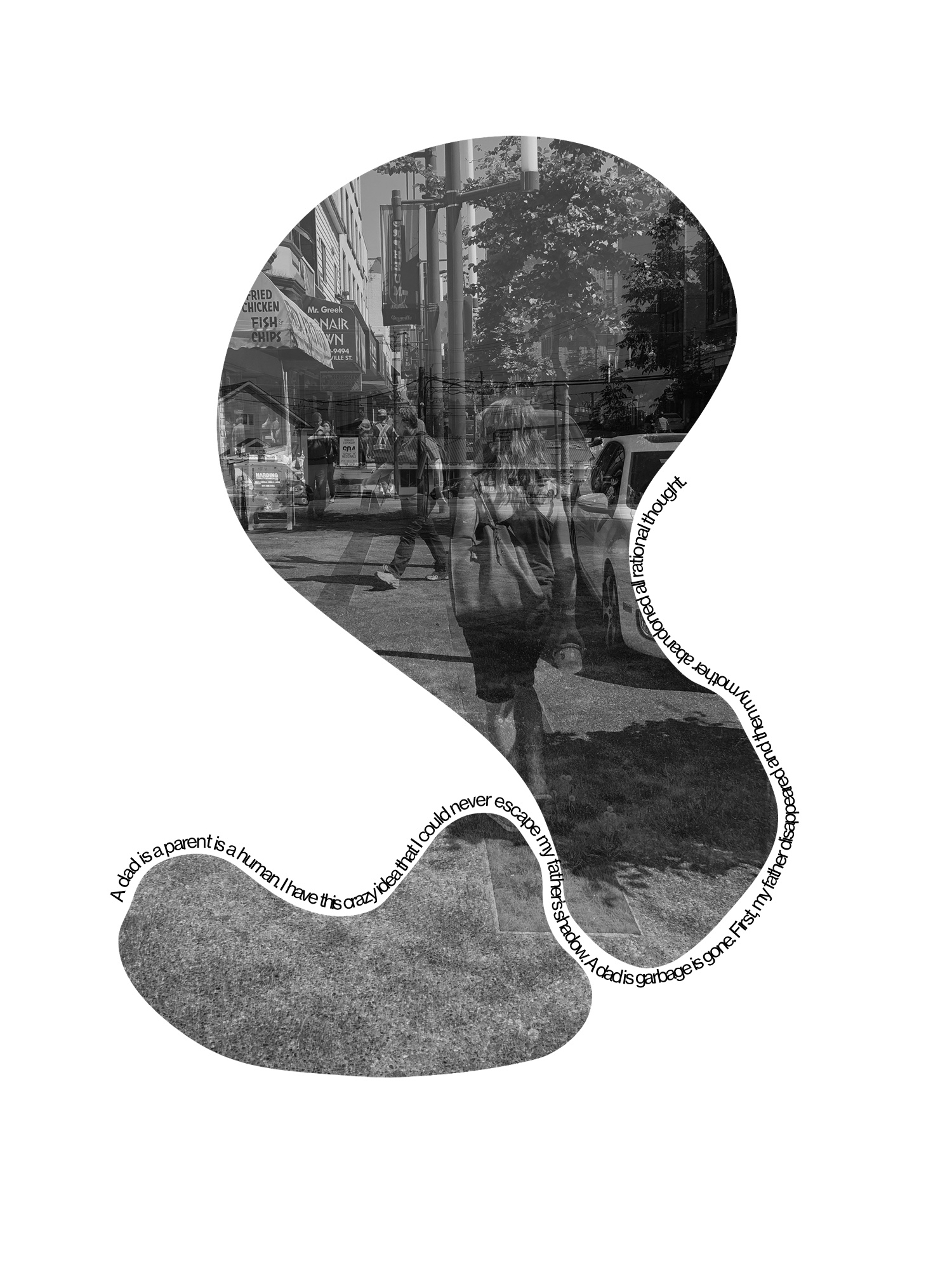 A black-and-white photograph spread across two adjacent, abstract, rounded shapes. The superimposed images show the interior of a train station and an industrial port. Along their peripheries a text reads: "To be creative. To be loving. To be generous and kind and human were all lessons that I learned alone in the snow. You are a fireball. You are a being of infinite love."