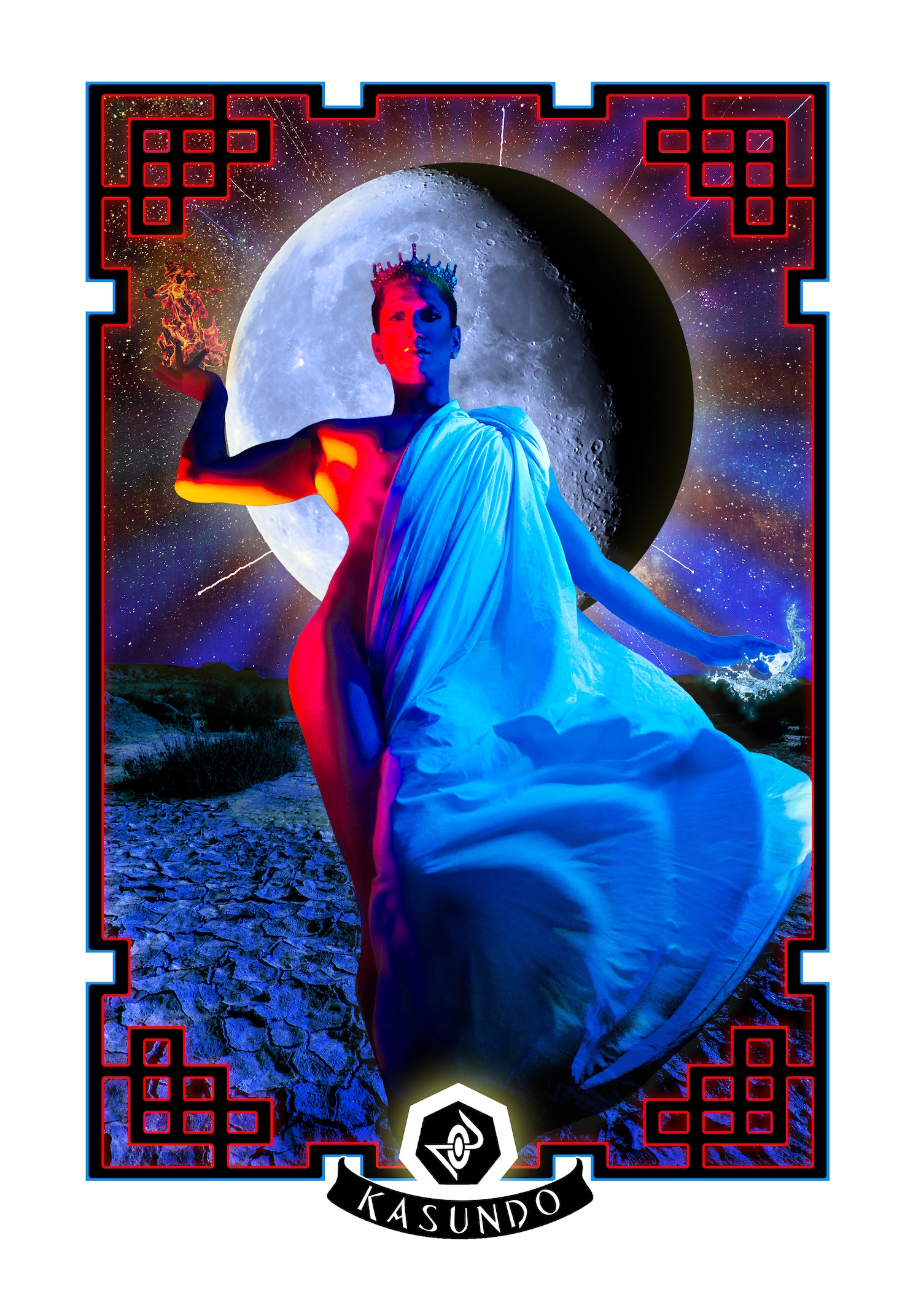 A cosmic image with a red and black stylized border. A central figure is illuminated in red on their right side and in blue on their left side. Their right hand is held high with flames emerging from it, and their left hand is lowered with water splashing underneath it. Half of their body is wrapped in a toga-like cloth, and they're wearing a crown. Behind them is a dry deserted landscape, illuminated by the moon, and a sky full of stars. At the bottom of the border is the name Kasundo