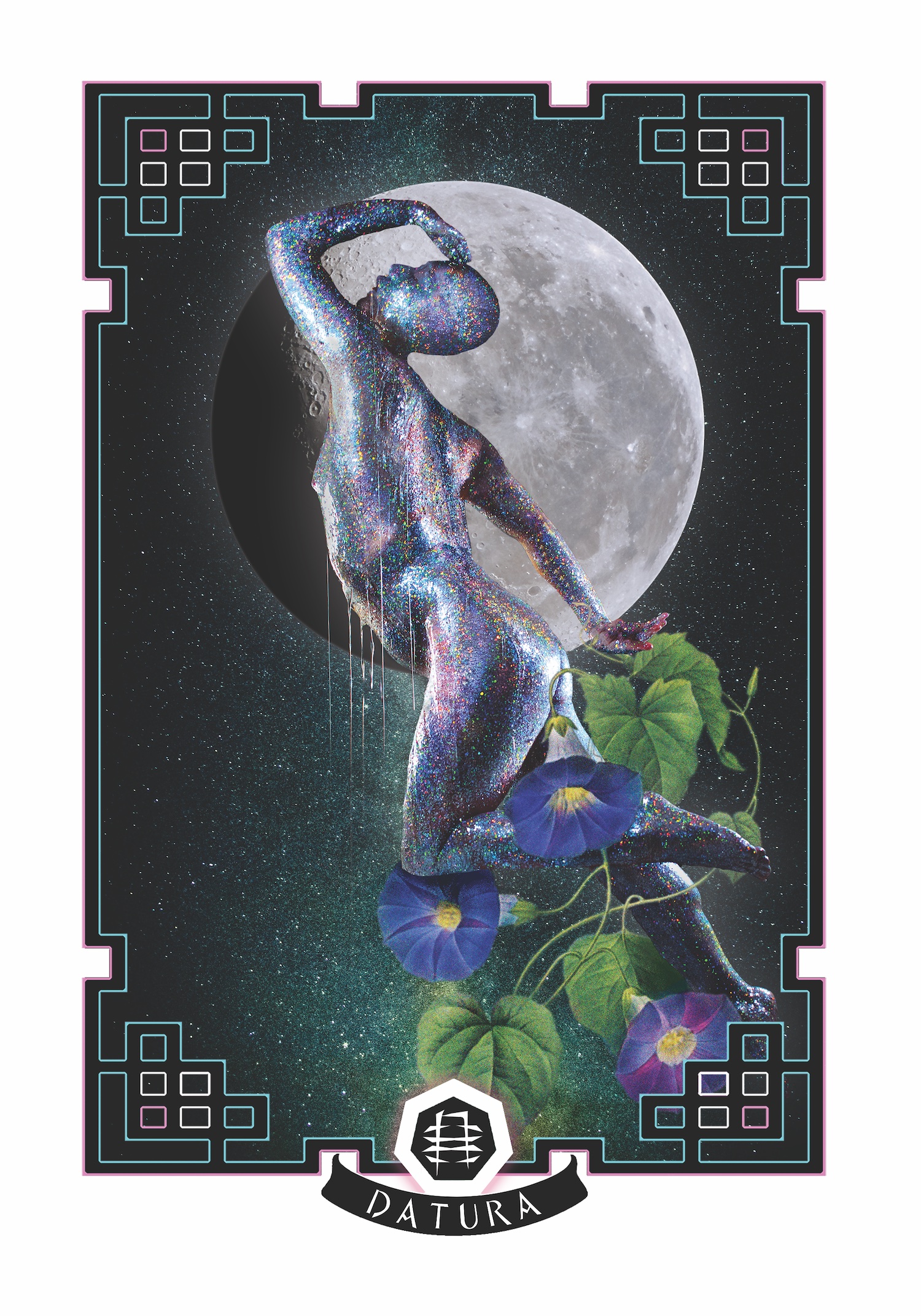 A cosmic image with a blue and white stylized border. The central, undressed figure is bald and glittery, posing with their hand above their head. Purple flowers and green leaves reach in from the bottom right of the image, and in the background, we see stars and the moon. At the bottom of the border is the name Datura