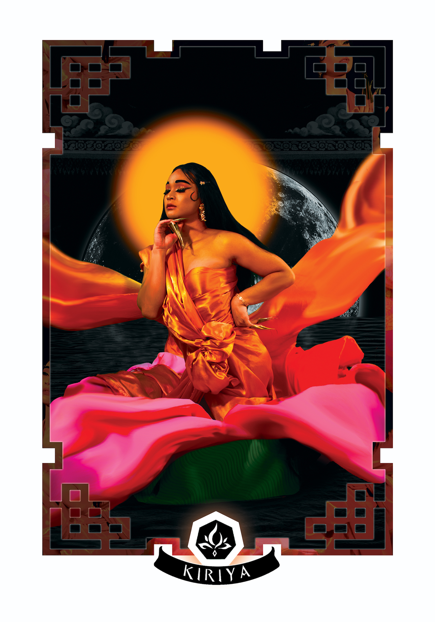 A pink and orange image with a textured brown, stylized border. A central figure with long black hair and closed eyes poses with long gold nails under their chin. The flowing fabric of their orange and pink saree flows out diagonally in four directions. There is an orange halo behind their head and the moon in the background. At the bottom of the border is the name Kiriya