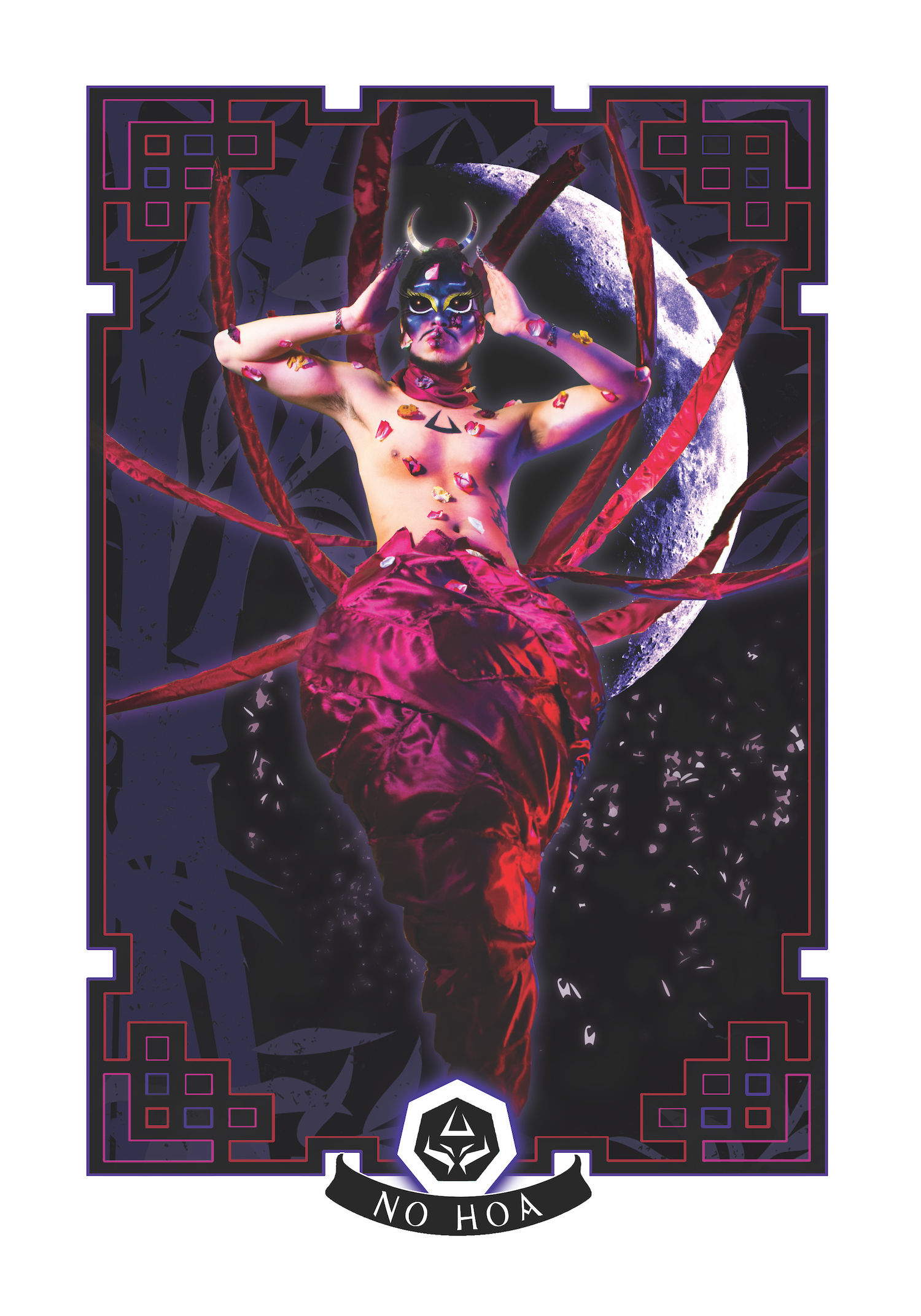 A primarily purple and red image with a pink, purple, and red stylized border. In the center is a shirtless figure adorned with flower petals, bugged eyes, and a silver horned hairpiece. Their lower half is wrapped in a deep magenta fabric with fabric strips extending to the image's edges. In the background we see a purple moon behind a purple forested texture. At the bottom of the border is the name No Hoa