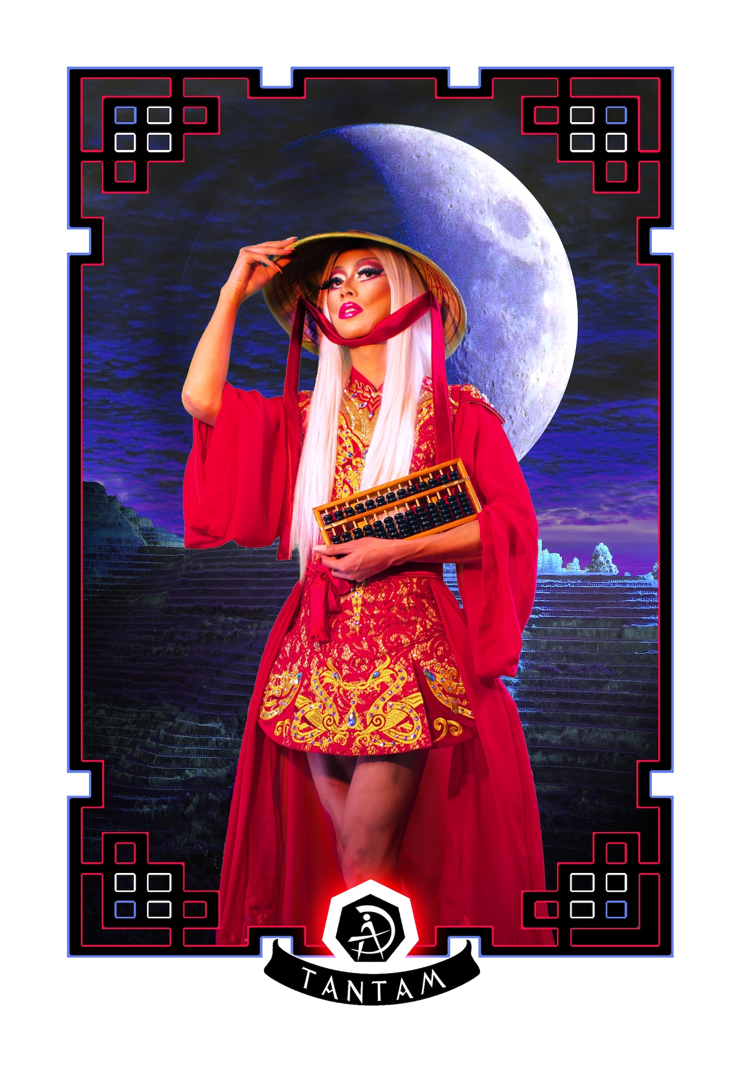 A primarily purple image with a red and white stylized border. In the center is a figure holding an abacus with long blond hair, a short red cheongsam, a red flowing robe, and a rice farmer's hat. In the background is a rice field illuminated by a purple moon. At the bottom of the border is the name Tantam.