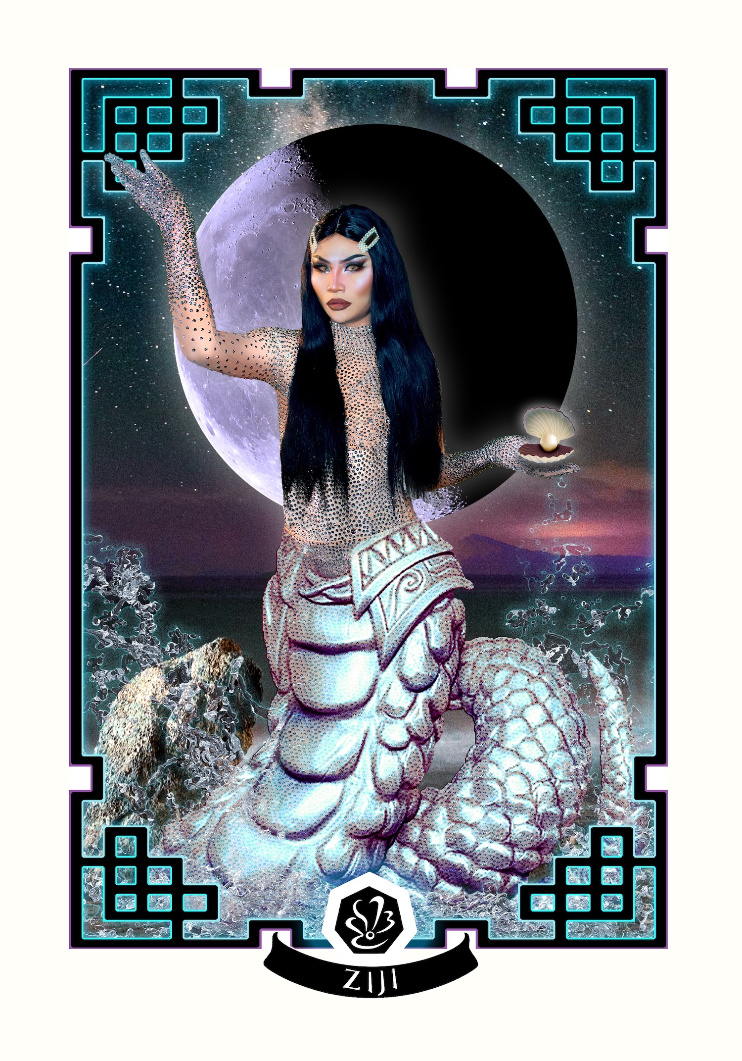 A black and silver image with a blue and black stylized border. A mermaid-like figure with long black hair held back in clips, and a rhinestoned bodysuit emerges out of the water. Their bottom half is a long, scaley tail, and in their hand, they hold an open shell with a pearl. In the background, we see a half-illuminated moon and water crashing against some rocks. At the bottom of the border is the name Ziji